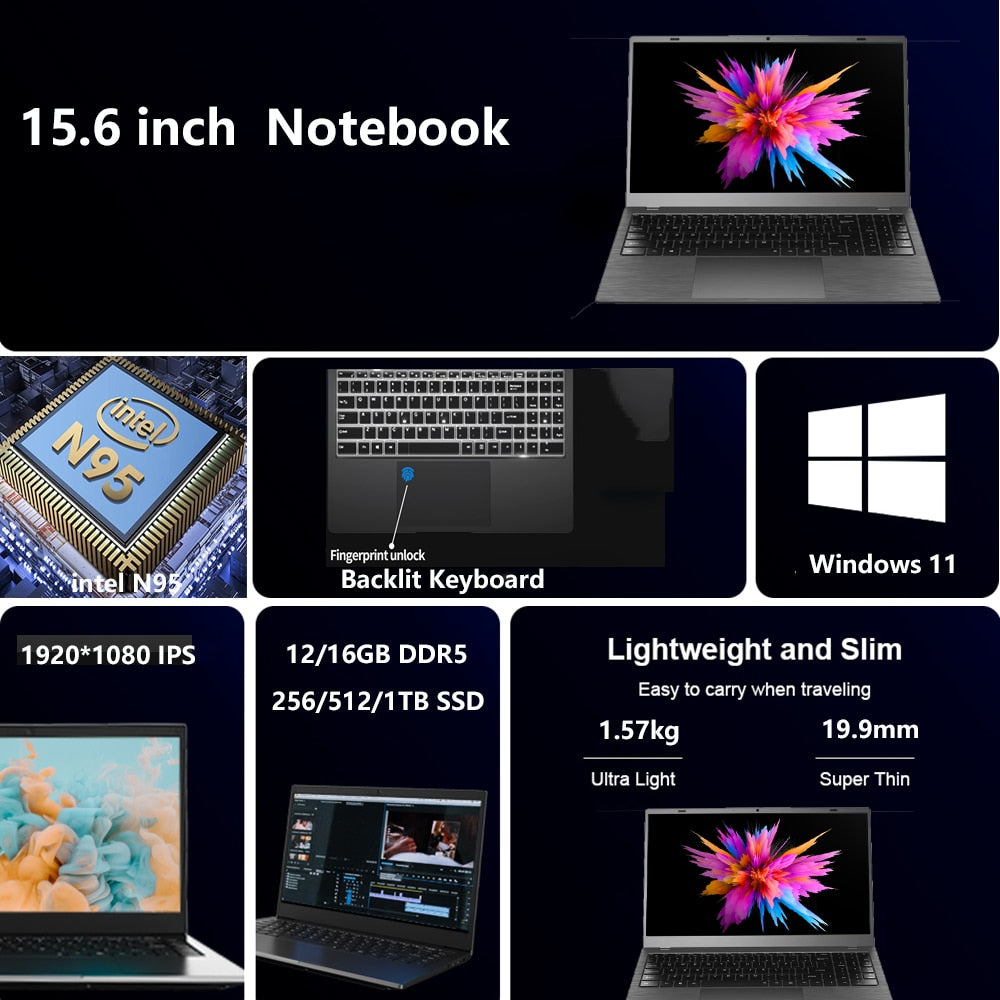 2023 Office Laptops Windows 11 Computer Notebook Netbook 15.6 Inch 12th Gen Intel Alder Lake-N N95 12GB DDR5 1TB M.2 WiFi Type-C