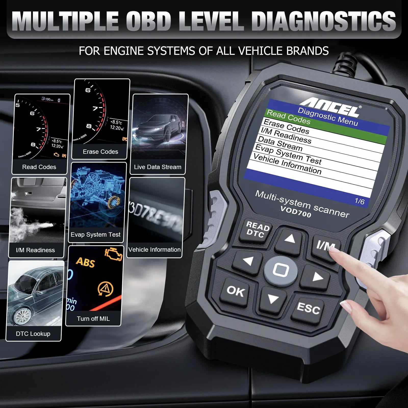 ANCEL VOD700 OBD2 Scanner for Volvo Car Code Reader Diagnostic Scan Tool ABS Bleeding Injector Oil ETC BMS EPB TPMS DPF Reset