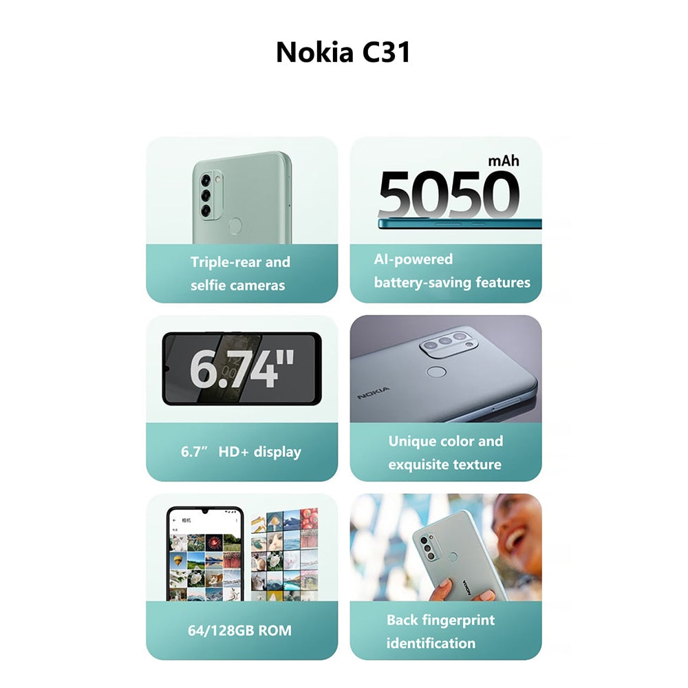 Global Rom Nokia C31 4G Network Smartphone 4GB 128GB 13MP Triple Camera 6.74 Inch HD+ Display IP52 Dual SIM Card 5050mAh Battery