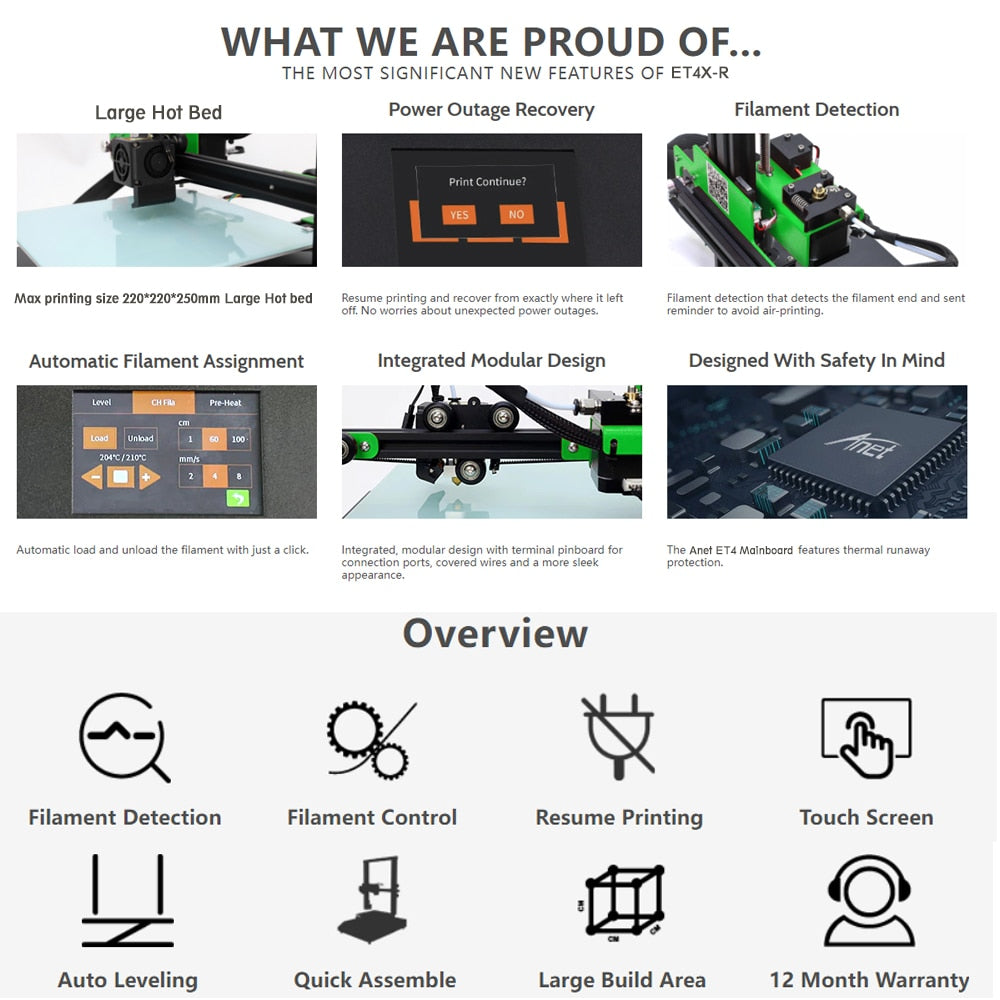 New Anet ET4X-R 3D Printer With Filament Detector Resume Printing Fast Heating Up Max 220*220*250mm Russian Local Shipping
