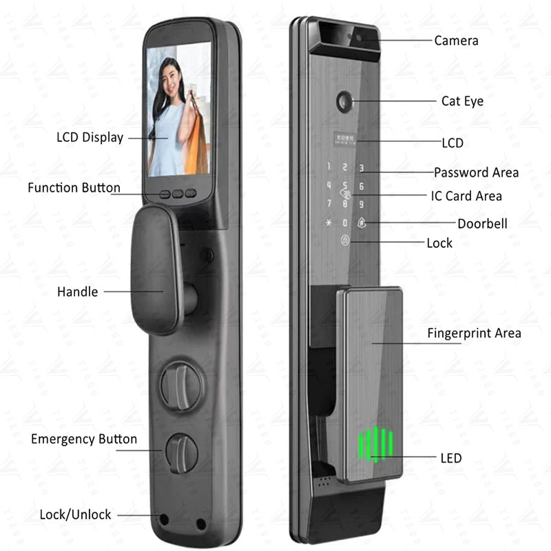 TIAGO WiFi Tuya APP Arabic/English/Russian/Portuguese Voice Digital 3D Face Recognition Fingerprint Smart Door Lock With Camera