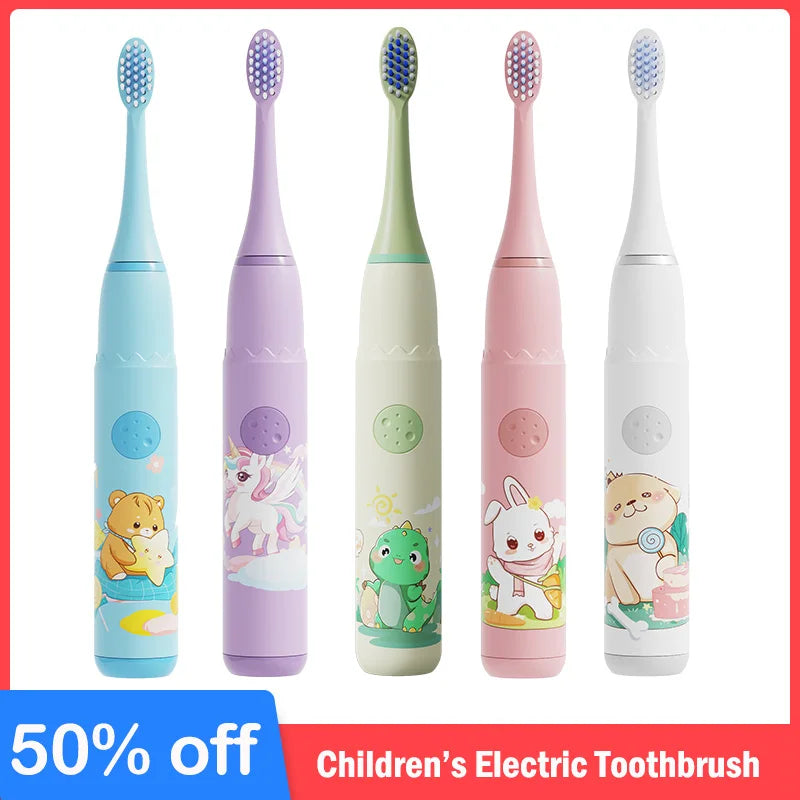 Children Electric Toothbrush With Replacement Head Cartoon Kids Ultrasonic IPX7 Waterproof Rechargeable Sonic Clean Toothbrush