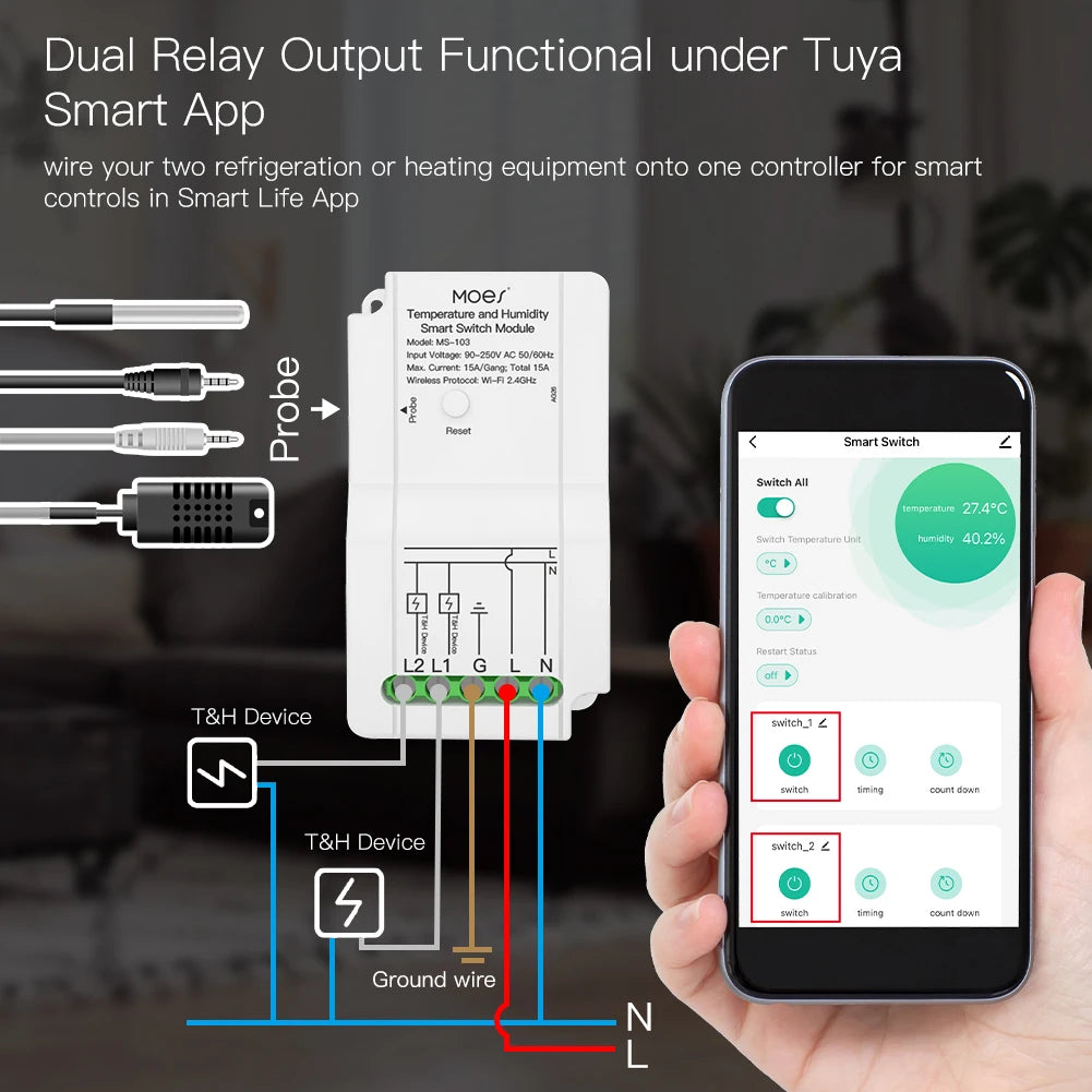 Tuya WiFi Smart Temperature Humidity Sensor Switch Module Dual Relay Output Smart Life App Wireless Controller For Alexa Google