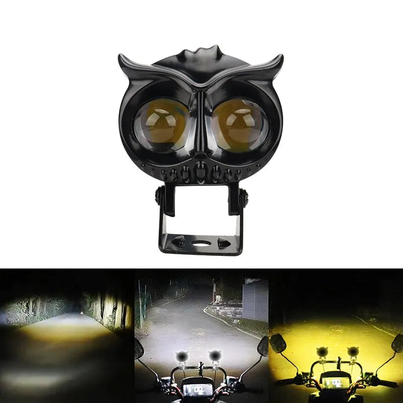 1PCS Dual Color Motorcycle Headlight Owl Design 4 Modes Auxiliary Spotlights Motorbike Scooter Fog Lamp Running Lights