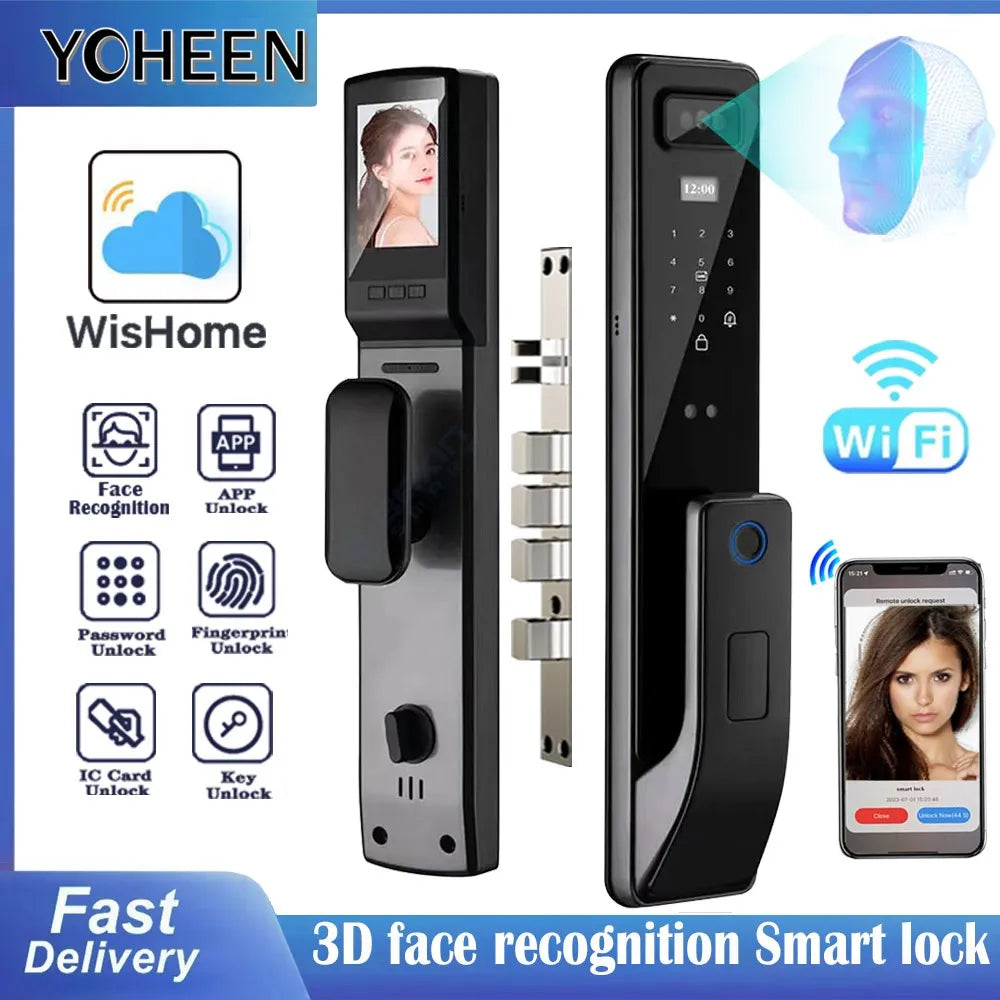 Wifi Remote Unlocking Photo Face Recognition Door Lock Fingerprint Handle with Nfc Card Key Password APP Unlock Home Apartments