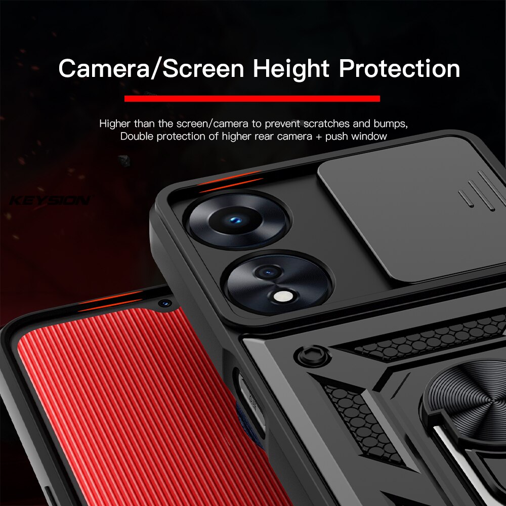 KEYSION Shockproof Armor Case for OPPO A78 5G Slide Camera Lens Protection Ring Stand Phone Back Cover for OPPO A58 5G A58X 5G