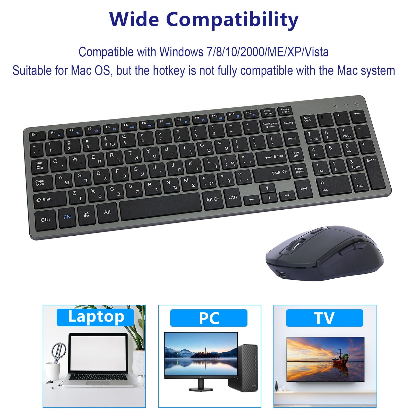Rechargeable Keyboard and Mouse Combo Russian Hebrew Wireless Compact Slim Silent Keyboard Mouse Set for Laptop PC Computer