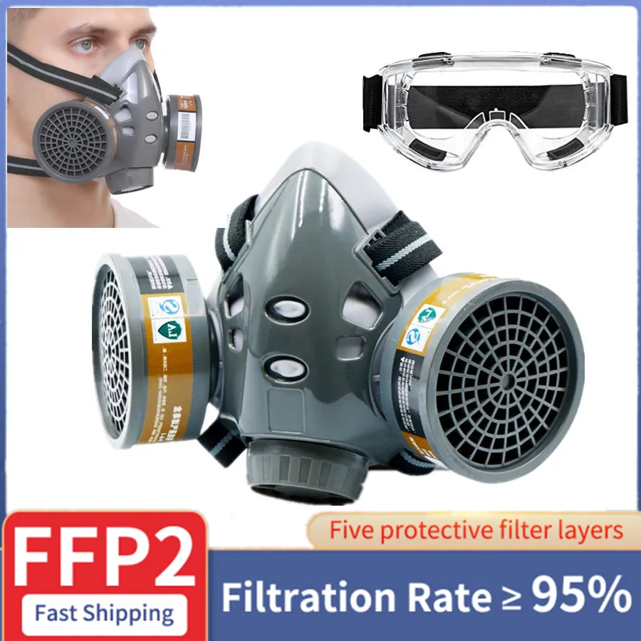 Painting Gas Mask Respirator Set Dual Charcoal Filters Spray Chemical Industry Pesticide Anti Fog Glasses Protective Masks