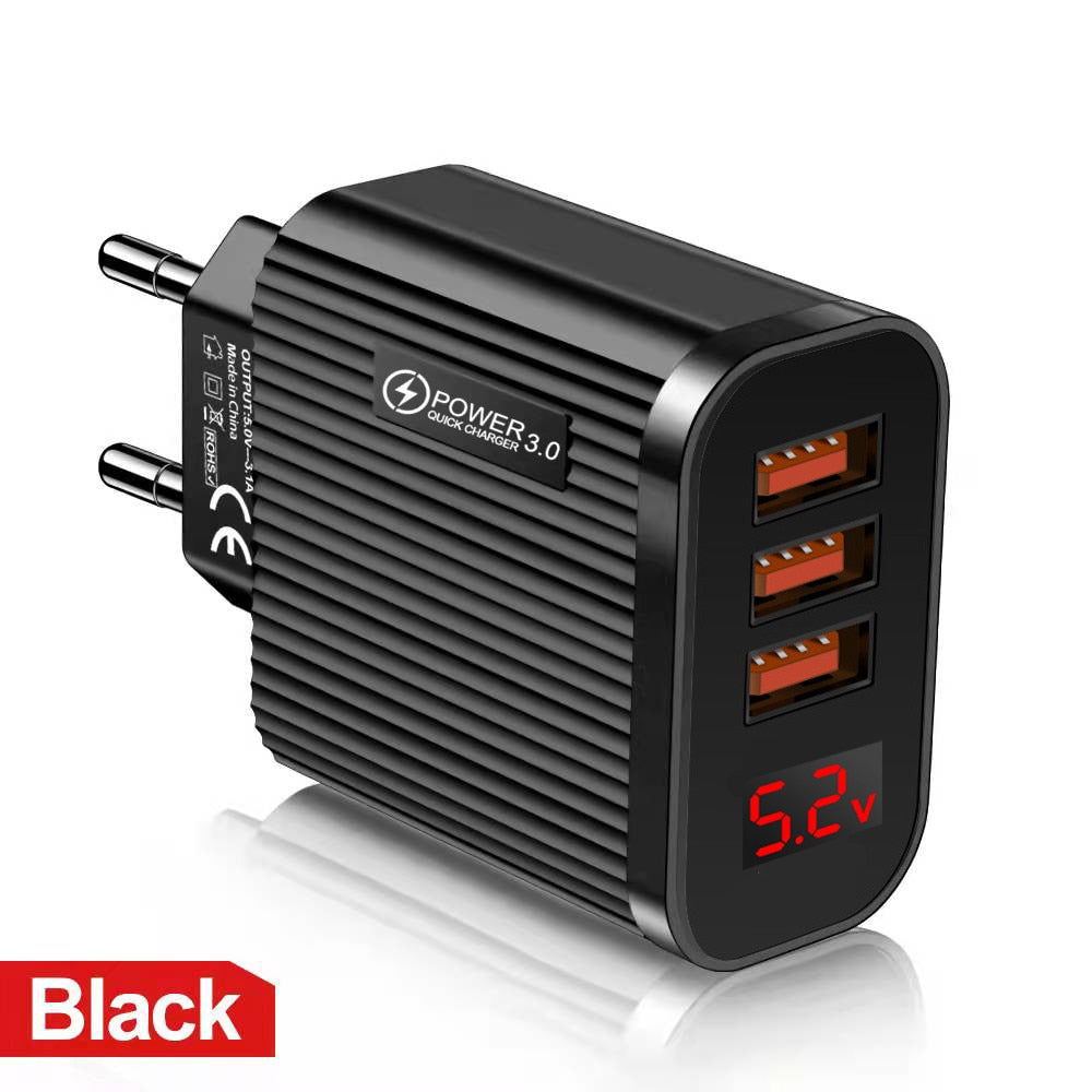 3 Ports USB Quick Charging 3.0 Wall Charger Cell Phone Fast Charging Mobile Phone Adapter with LED Digital Display for iPhone