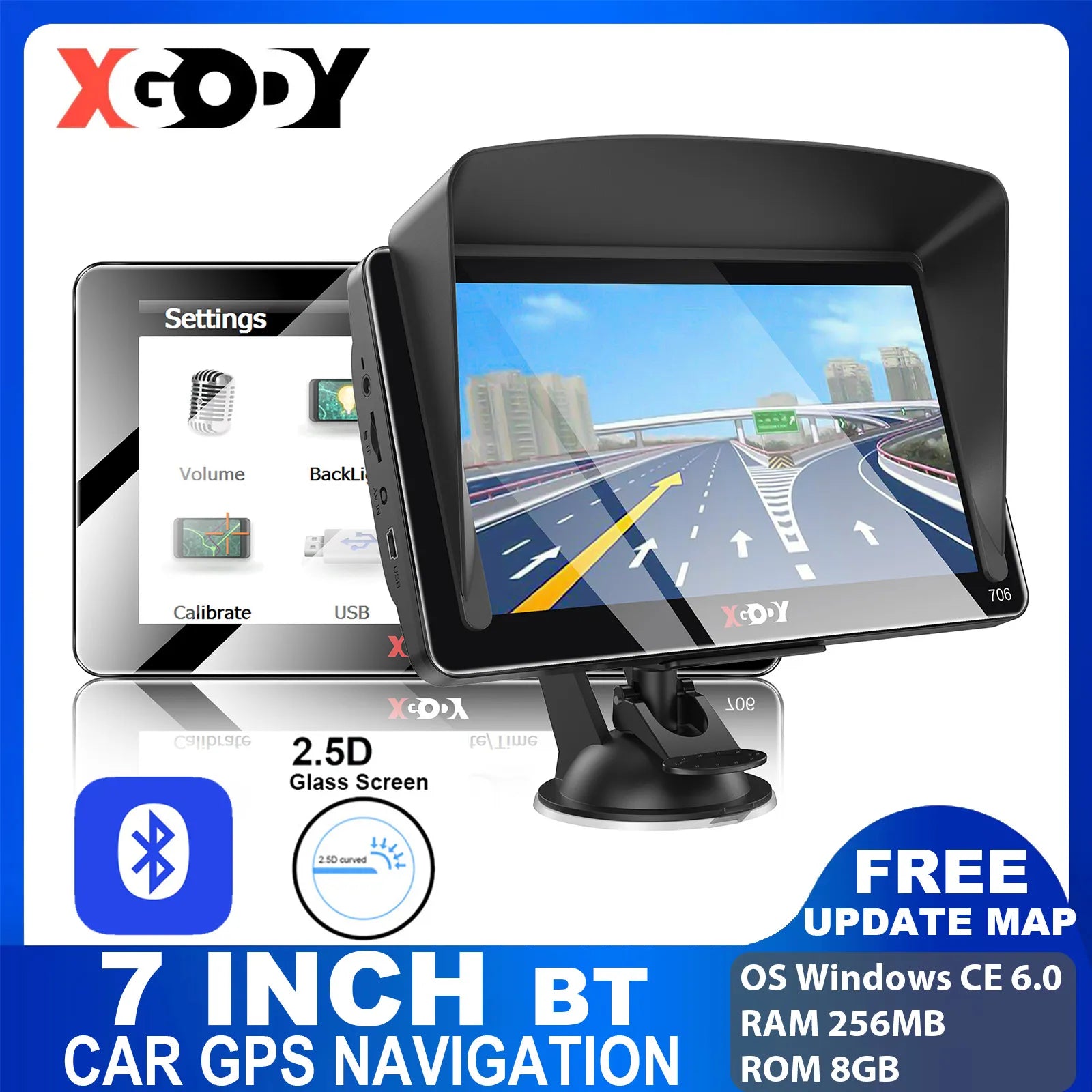 XGODY 7 Inch Car Truck GPS Navigator 2.5D Full Touch Screen GPS Nature Voice Guidance 256M+8G Navigation 2023 Newest Map Update