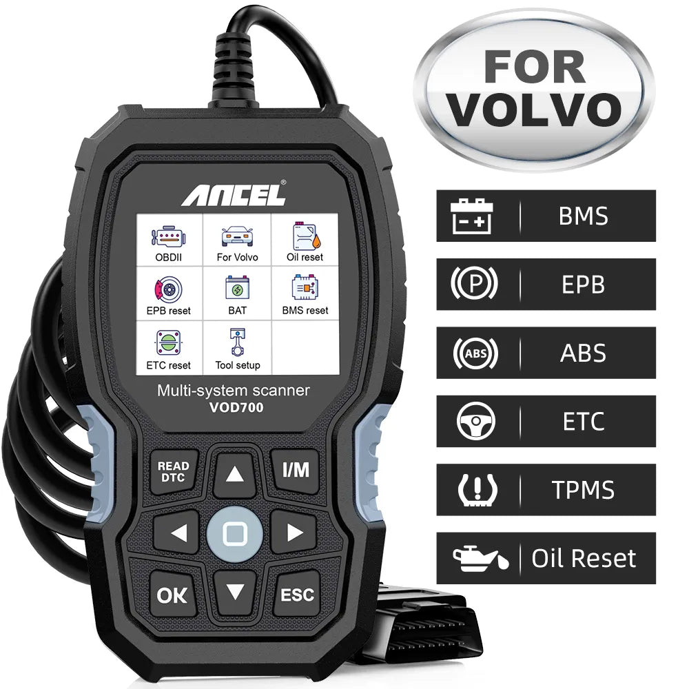 ANCEL VOD700 OBD2 Scanner for Volvo Car Code Reader Diagnostic Scan Tool ABS Bleeding Injector Oil ETC BMS EPB TPMS DPF Reset