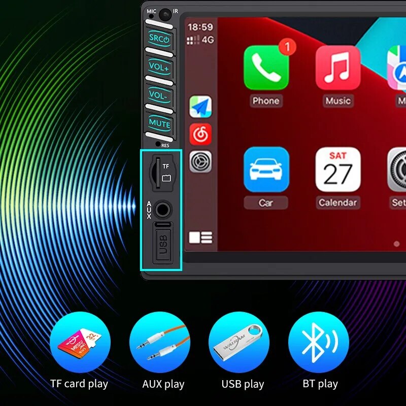 7Inch Touch HD Screen Carplay MP5 Player Car Multimedia Stereo Carplay Android Auto Radio USB BT TF Card 12LED HD Reverse Camera