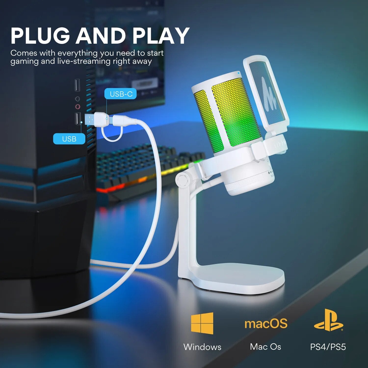 Maono Gamerwave DGM20 RGB Gaming Microphone USB Condenser Mic Noise Canceling Mic With Mic Gain,RGB Light,One Key Mute