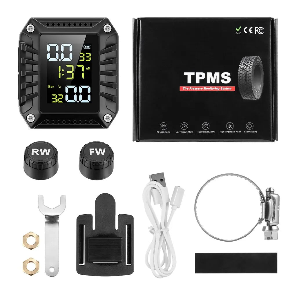 Wireless Motorcycle TPMS 2 External Sensors Motorbike Tire Pressure Monitoring Tyre Temperature Alarm System with Time Display