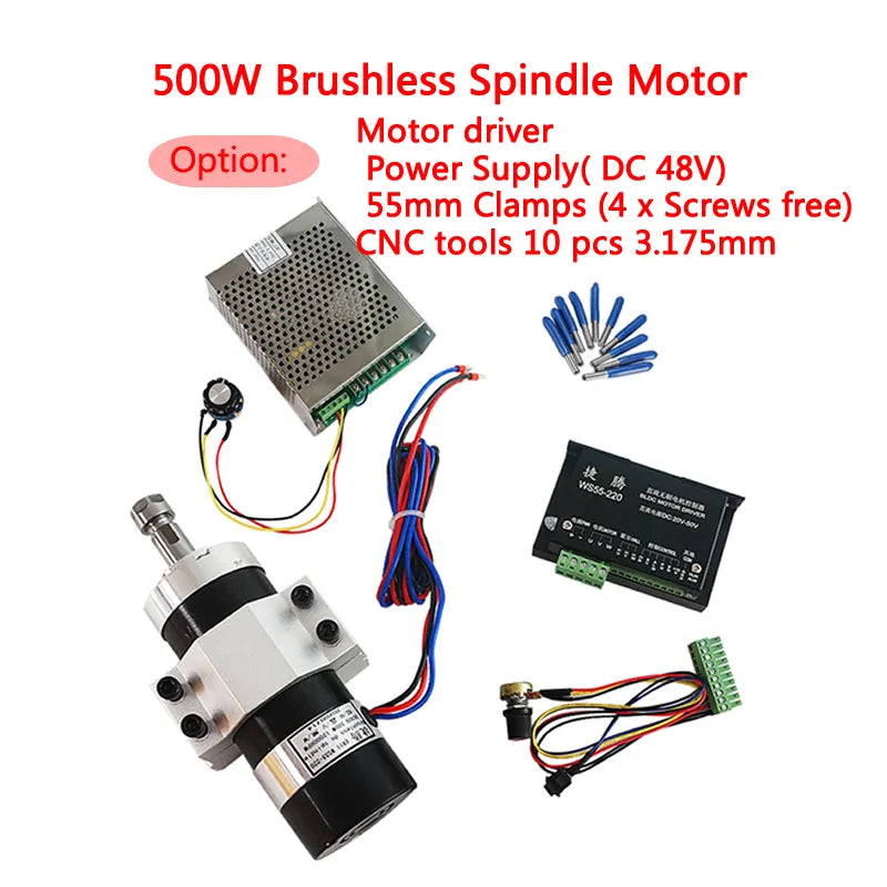 ER11 Brushless 500W DC Spindle CNC Machine Router 55MM Clamp Stepper Motor Driver Power Supply 3.175mm CNC Tools