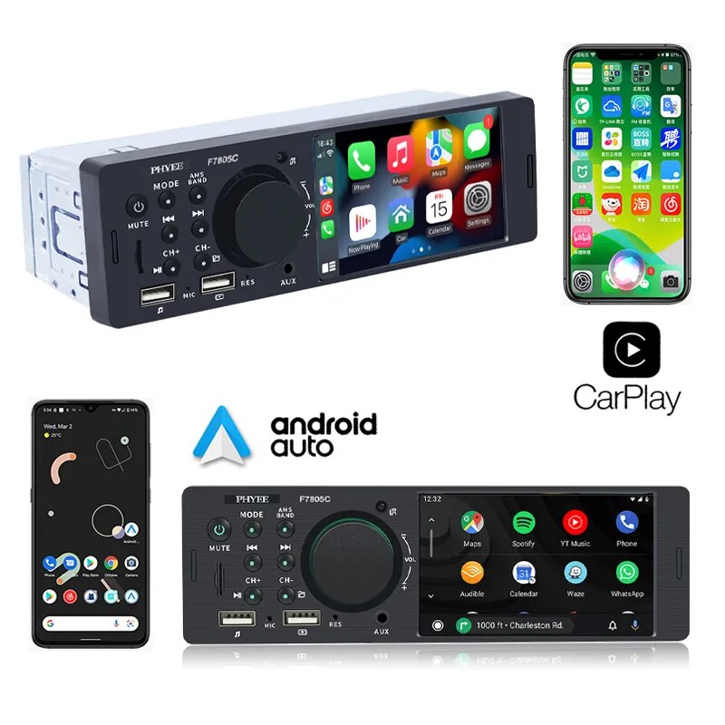Car Radio CarPlay 1 Din 4 Inches Android-Auto Bluetooth Mirror Link MP5 Player Hand Free A2DP USB Audio System Head Unit F7805C