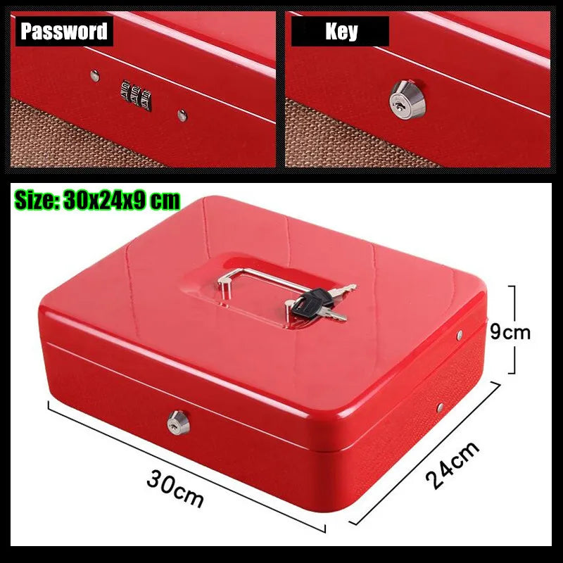 XL:30x24cm Metal Mini Safe Box Key Lock Store Money Coin Cashier 2-layer Fold Password Cash Register Jewellery Bank Card Storage