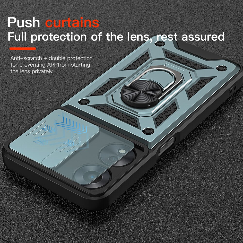 KEYSION Shockproof Armor Case for OPPO A78 5G Slide Camera Lens Protection Ring Stand Phone Back Cover for OPPO A58 5G A58X 5G