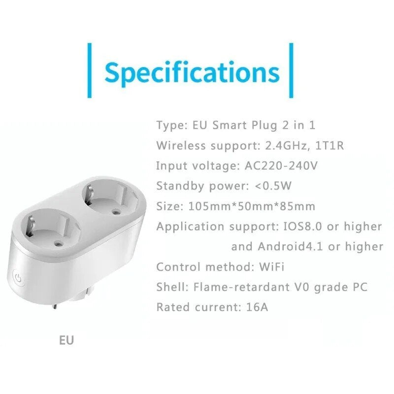 Smart Plug 2 in 1 Tuya WiFi Smart Plug 16A EU Smart Socket with Monitor Timer Smart Life APP Controlled by Alexa Google Voice