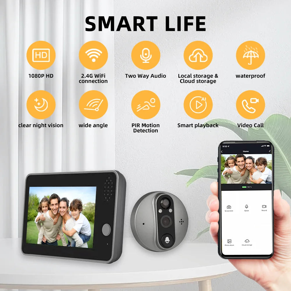 Tuya Smart 1080P WiFi DoorBell Peephole Camera Night bell Hot Viewer Home Security-protection Video Intercom in private house