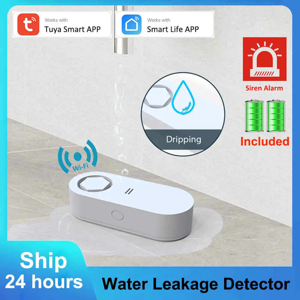 Tuya WiFi Dripping Water Leakage Detector 120DB Beep Siren Floor Water Leak Detector Flood Sensor APP Remote Alert Notification
