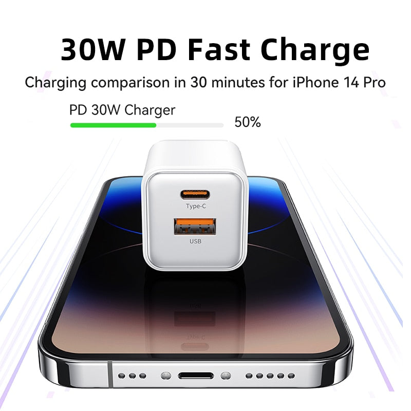 USAMS Dual USB Fast Charger 30W Type C PD Quick Charge 3.0 Phone Charger for iPhone 14 13 12 11 Pro Max Xiaomi Samsung Tablets