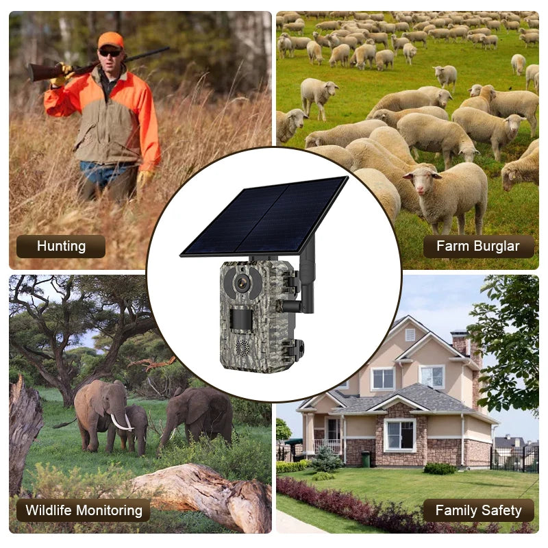 4MP Outdoor Wildlife Hunting Trail Game Camera with WiFi APP Solar Panel Powered Waterproof IP66 for Security