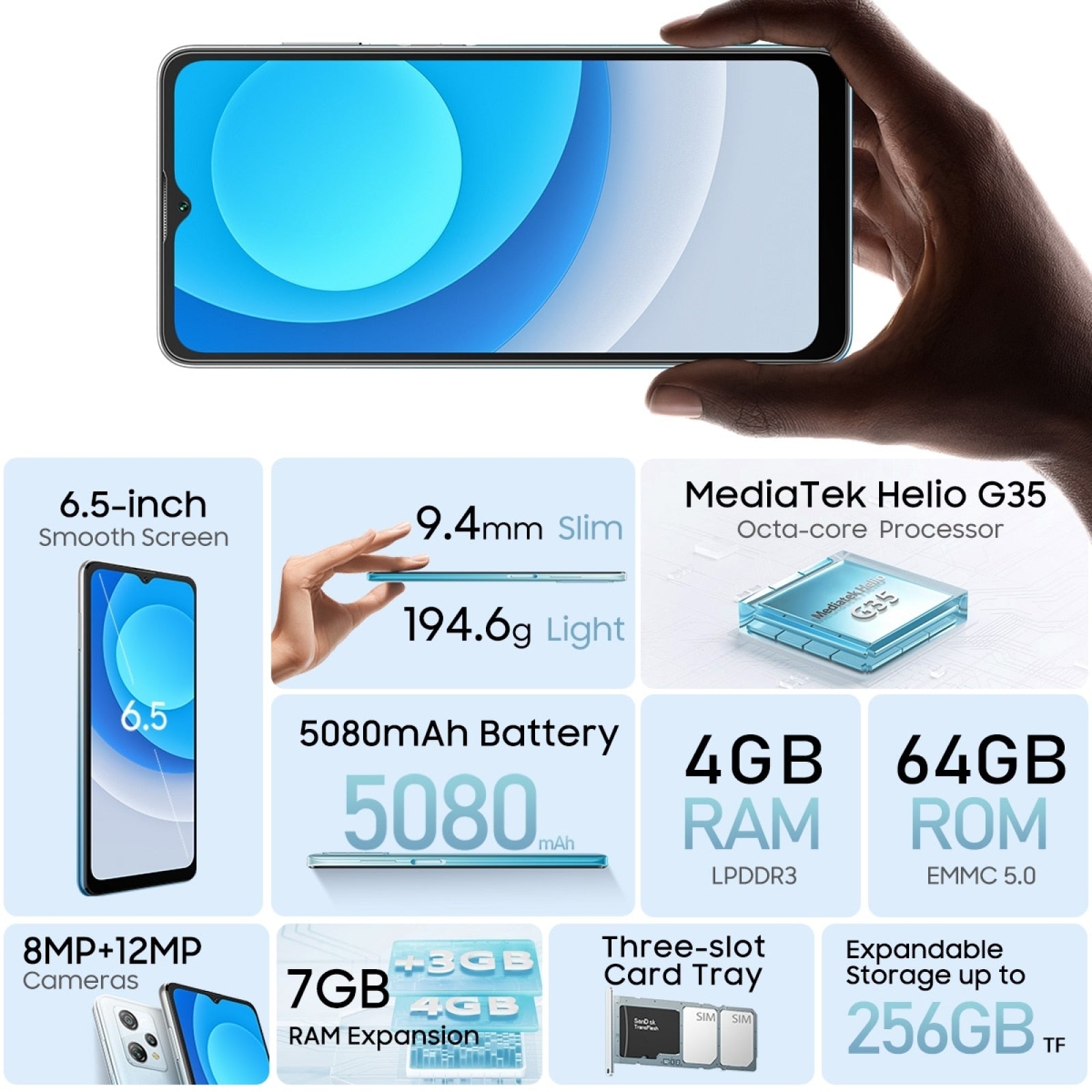 BLACKVIEW A53 Pro Smartphone 6.5" Waterdrop Screen 4GB+64GB Octa Core 5180mAh Android 12 Mobile 12MP Rear Camera Google Play 4G