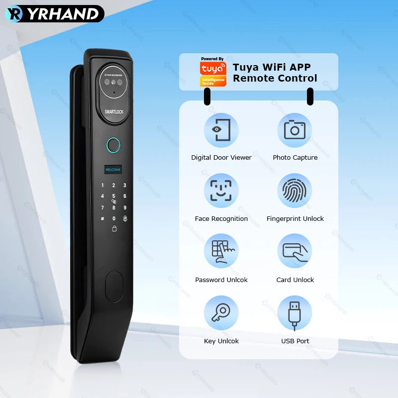 YRHAND V8 Tuya Wifi 3D Face Smart Door Lock Security Camera Intelligent Fingerprint Password Biometric Electronic Key Unlock
