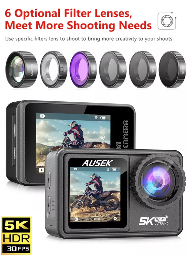 2" IPS Dual Screen Action Camera 5K 30FPS  4K 60FPS 48MP EIS Video With Optional Filter Lens 1080P Webcam Vlog WiFi Sports Cam