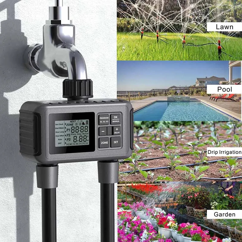 Large Screen Display Irrigation Controller Outdoor 2 Zone Programmable Garden Water Timer Automatic Irrigation System Controller