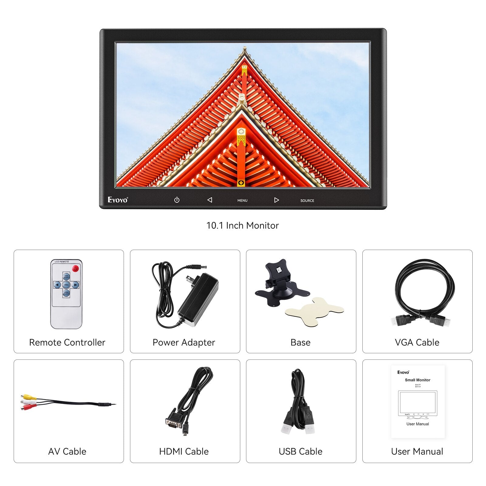 Eyoyo 10/7 Inch HDMI Monitor with Sensitive Touch Buttons & Speaker & Remote Controller HD 1024x600 IPS Screen DC 12V/USB  Power
