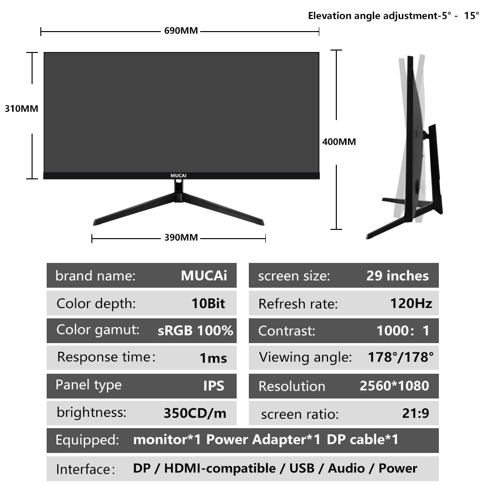 MUCAI 29 Inch Monitor Quasi-2K 120Hz WFHD Wide Display 21:9 IPS Desktop LED Not Curved Gamer Computer Screen DP/2560*1080