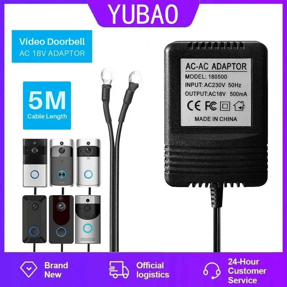 18V AC 500mA 5M 16FT Cable Length 230V 120V Transformer Charger Accessory For Tuya Smart Video Doorbell Doorbell Power Adapter