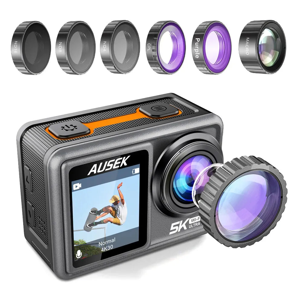 Action Camera Removable Filter 6 Lens 5K 30FPS 4K 60FPS 48MP Dual Screen 2" IPS EIS Video Shooting Go Waterproof Sports Cam Pro