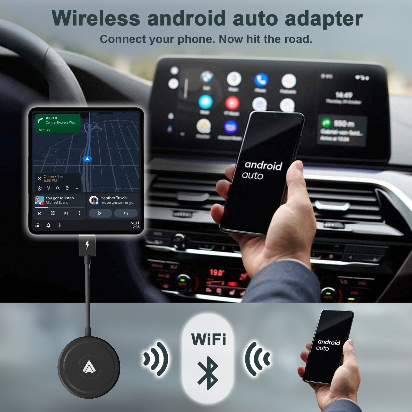 Wireless Android Auto Adapter/Dongle for OEM Factory Wired Android Auto Cars Converts Wired to Wireless Easy Setup Plug & Play