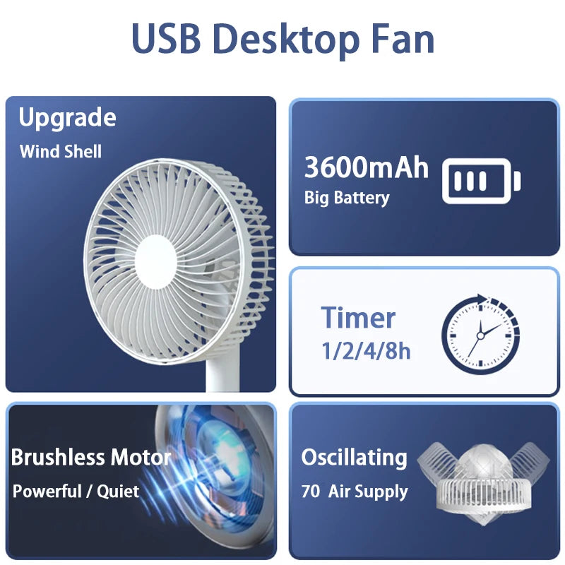 Portable Rechargeable Desktop Fan 8 Inch Mini USB Fan for Home Office Outdoor Camping Ari Cooling Fan with Oscillating Timer