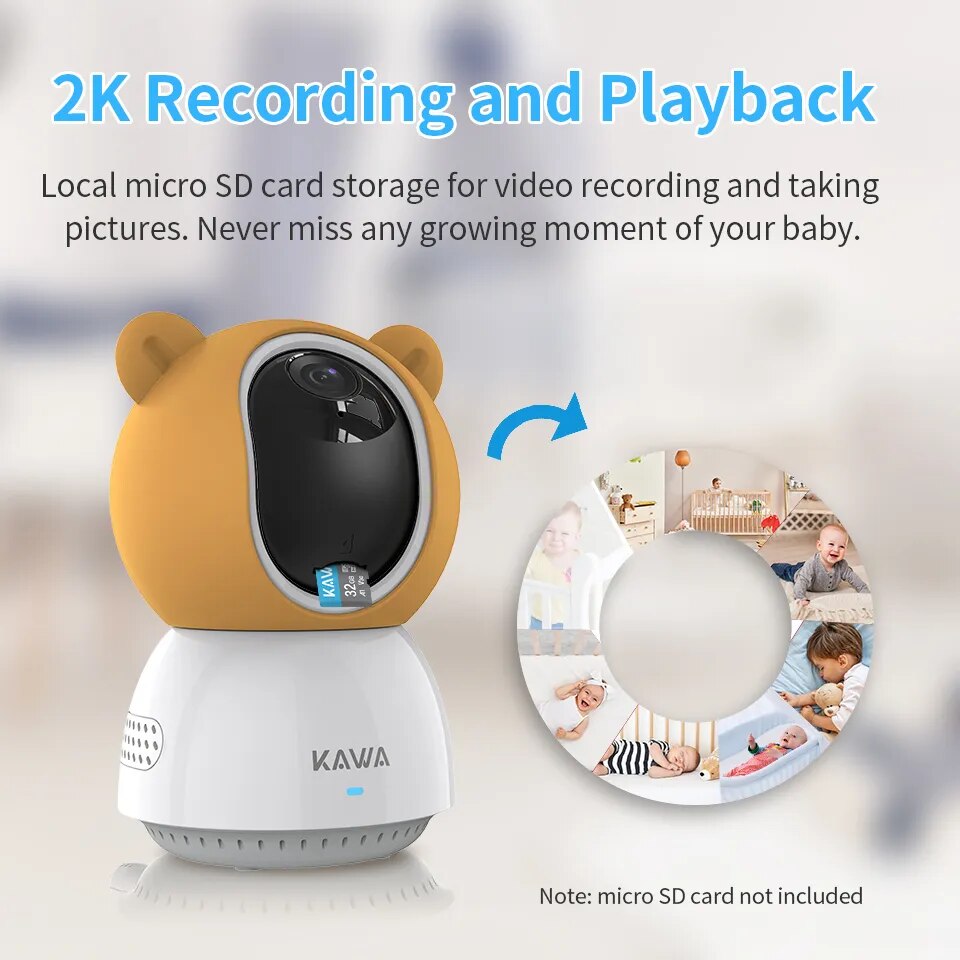 KAWA 2K Baby Monitor with Cameras Audio Video Nanny Wireless Camera with 4000mAh Battery 5 Inch Screen TF Card Night Vision 360°