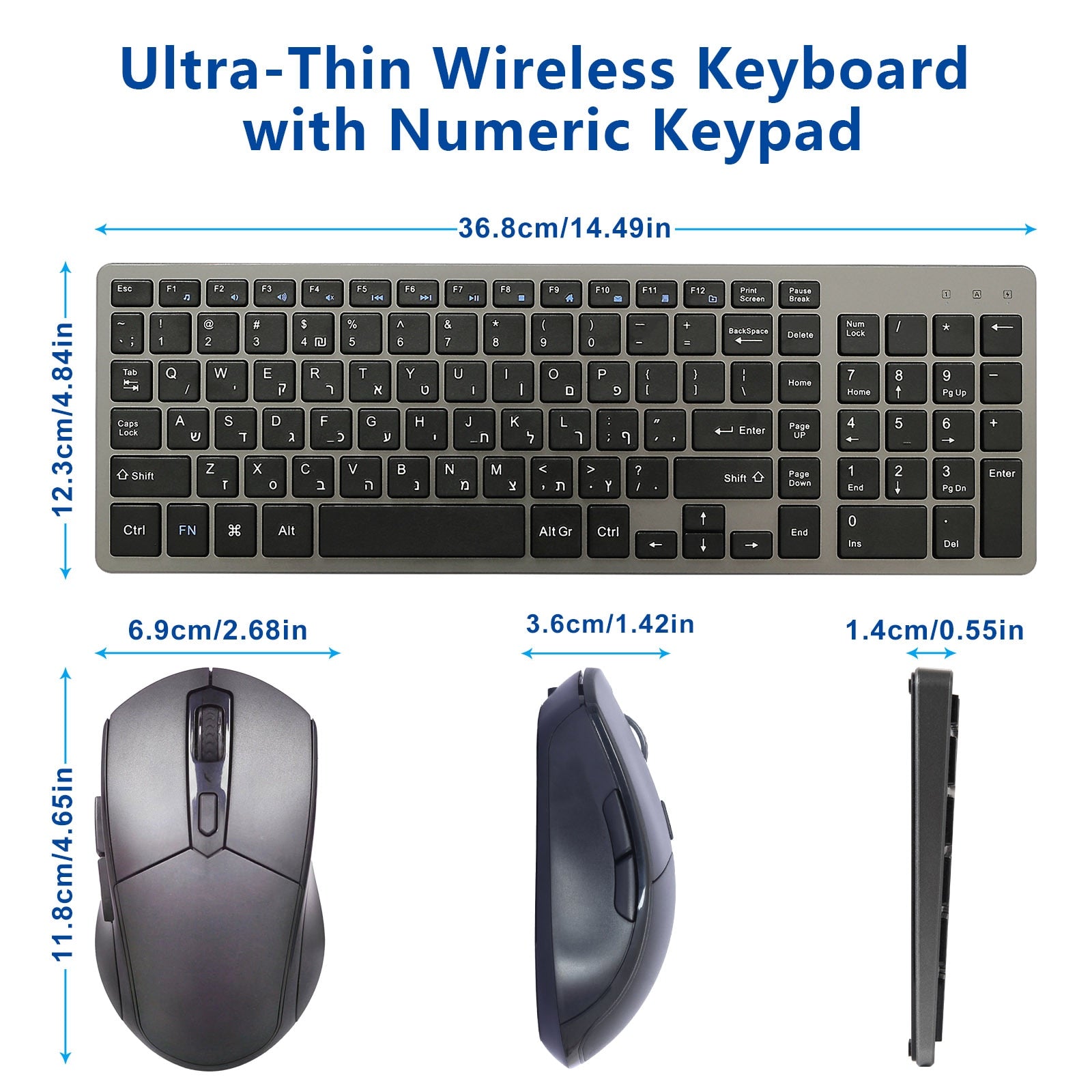 Rechargeable Keyboard and Mouse Combo Russian Hebrew Wireless Compact Slim Silent Keyboard Mouse Set for Laptop PC Computer