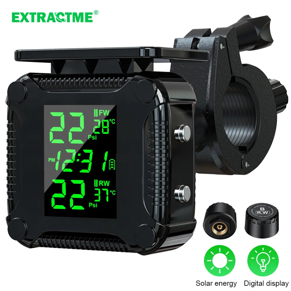 Extractme Tire Pressure Monitoring System Colorful Display Wireless TPMS Motorcycle Solar Charge Tyre Temperature Alarm Sensor