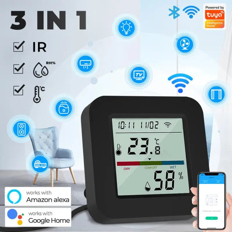 Tuya Smart Wifi 3-in-1 Temperature Sensor Infrared Remote Control For Air Conditioner Fan TV DVD Work With Alexa Google Home