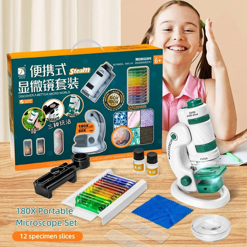Kids Science Microscope Toy Kit 60-180x Educational Mini Pocket Handheld Smart Phone Microscope with LED Light Outdoor Children
