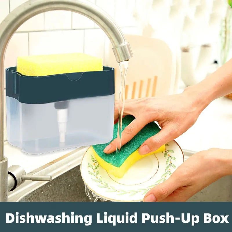 Portable Detergent Soap Box with Sponge Holder Hand Press Dispenser Set for Kitchen Dish Liquid Dispensing Tools Good Helper