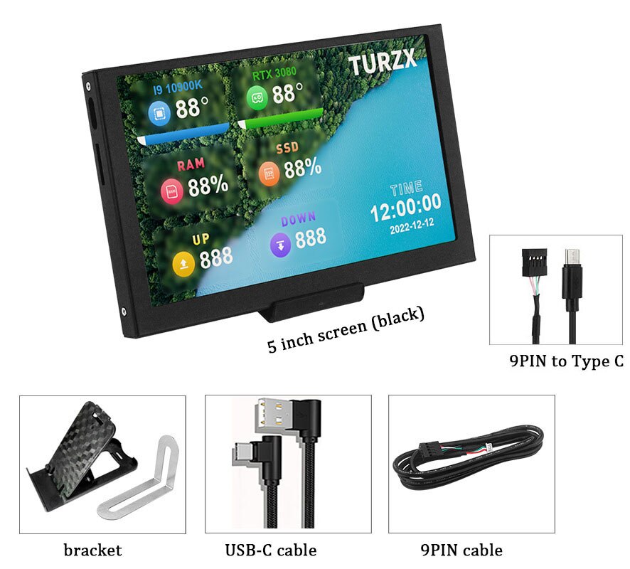 2023New 5 Inch Computer Monitor For Mini ITX CaseIPS TYPE-C Secondary Screen CPUGPU RAM HDD Monitoring USB Display Freely AIDA64