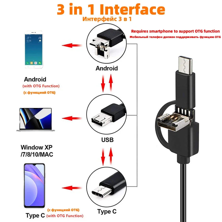 3.9mm Endoscope for android IP67 Mini Camera Endoscope for cars smartphone Piping usb c Endoscopic 3 in 1 Underwater