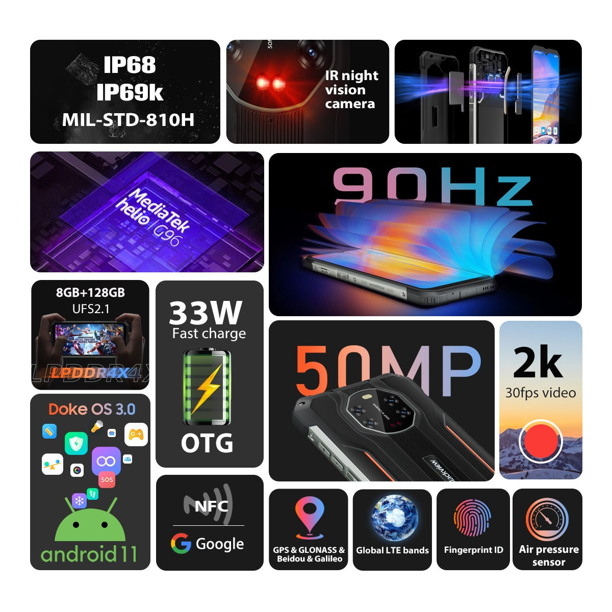 BLACKVIEW BV8800 Rugged Smartphone 8GB+128GB Helio G96 Cell Phone 90Hz Display Mobile Phone 8380mAh 50MP Cameras Global Version