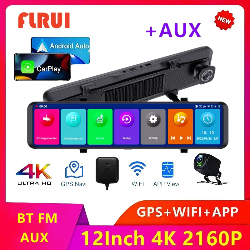 12Inch 4K Dash Cam Wireless CarPlay Android Auto Car DVR 5G WiFi GPS FM 24h Parking Monitor Rearview Mirror Camera Recorder
