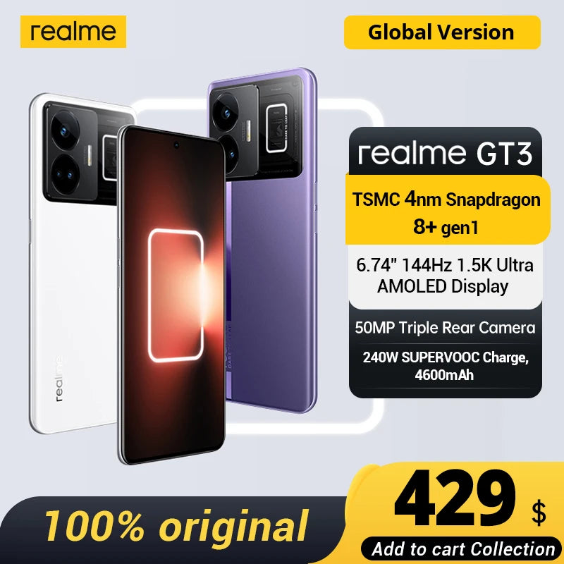 Realme GT3 240W SUPERVOOC Charge Snapdragon 8+ Gen1 6.74" 144Hz 1.5K Ultra AMOLED Display 16GB+1TB Mega Storage