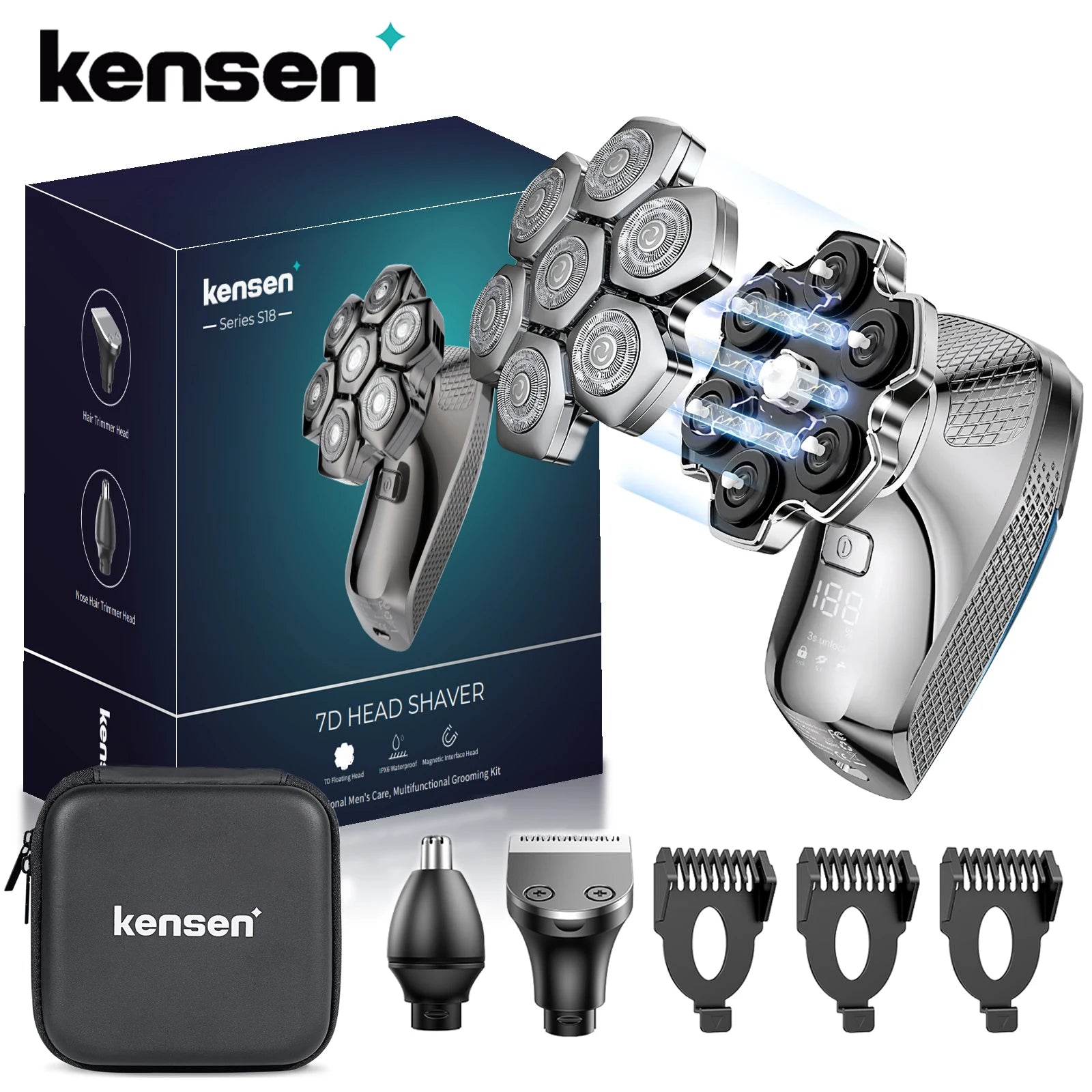 Kensen S18 Electric Head Shaver for Men Rechargeable 7D Floating Cutter Magnetic 5 in 1 Shaver Hair Trimmer Clipper Head Razors