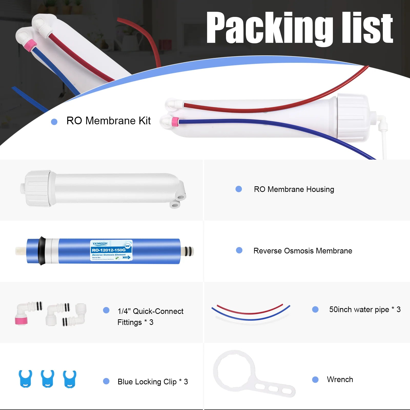 Reverse Osmosis RO Membrane Housing Kit with 1/4 Quick Connector,Check valve,Water Pipe,Wrench Set for Water Filtration System